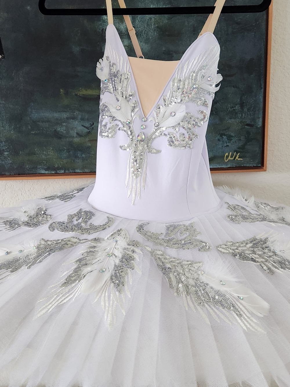 White Swan Lake Ballet Tutu with Silver Sequin And Feather Embellishments